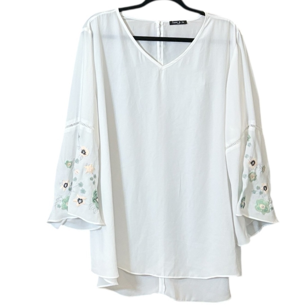 Sami & Jo Women’s White and Green Flutter Sleeve Blouse XL Boho Cottage Casual